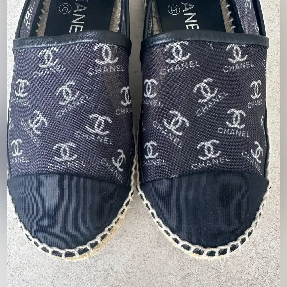 Chanel CC logo Mesh Grosgrain Cap Toe Black Espadrille Flats EU 37 US 6-6.5